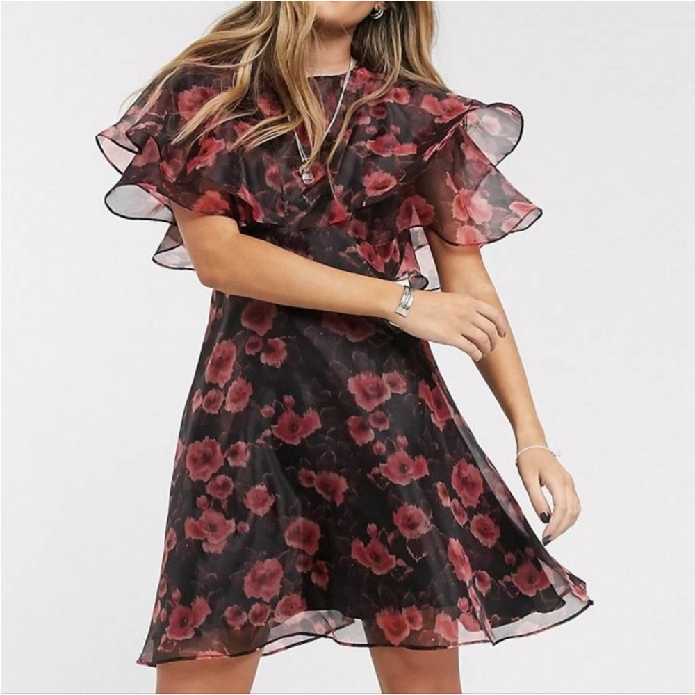 Topshop Black Mini Dress with Floral Print